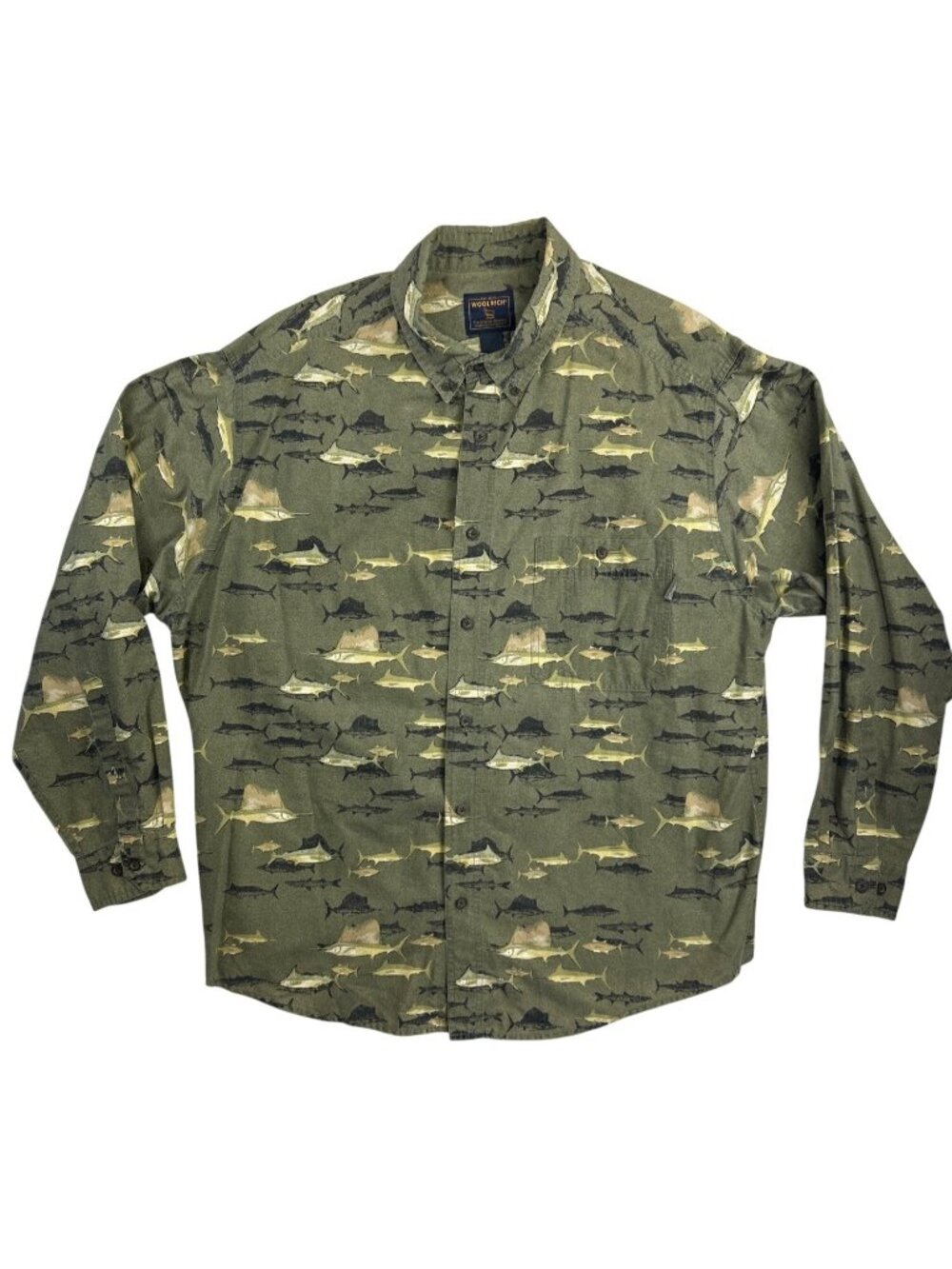Vtg Woolrich Sz 2XL Fish Print Button Up Shirt Long Sleeve Green Coastal Retro